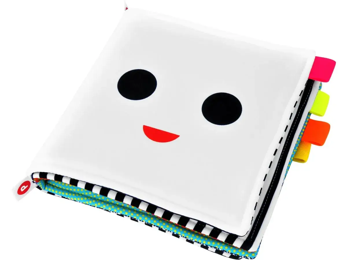 Miękka książeczka z buźką i kolorowymi tasiemkami. Idealne obrazki kontrastowe dla niemowlaka do zabawy i nauki.