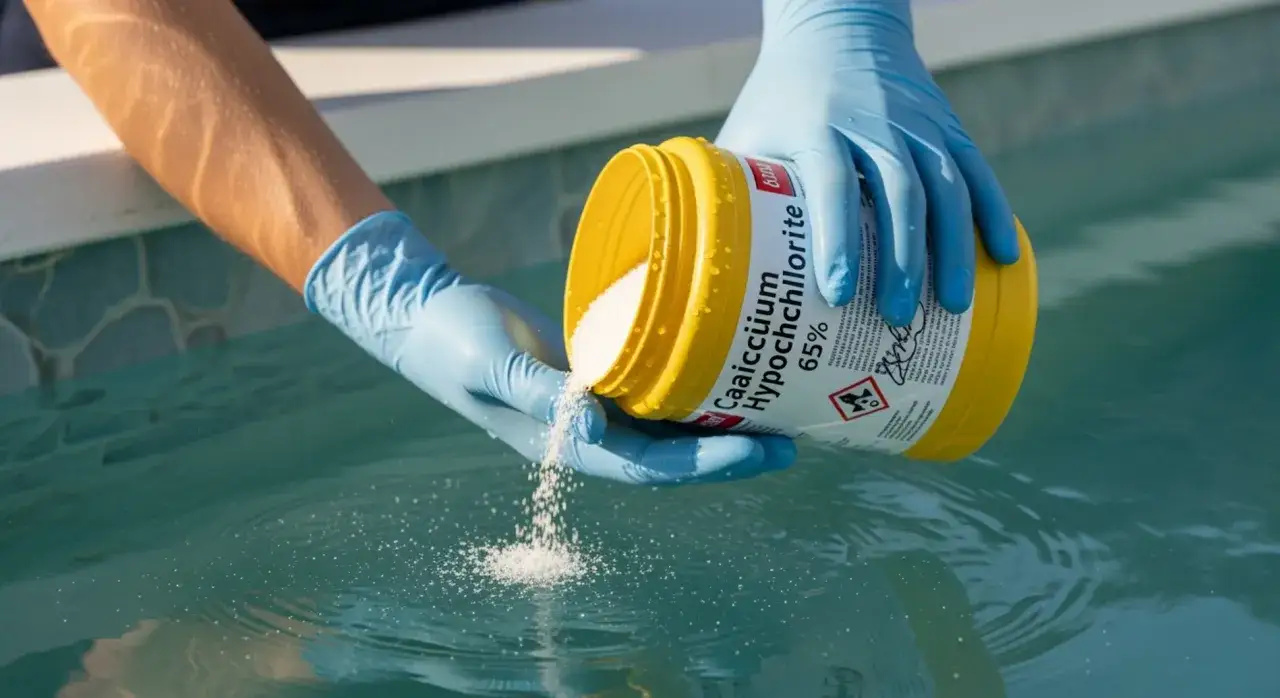 Ręce w niebieskich rękawiczkach wsypują biały proszek z żółtego pojemnika do wody w basenie. Czy to pomoże rozwiązać problem, dlaczego woda w basenie ogrodowym robi się mętna mimo stosowania chloru?