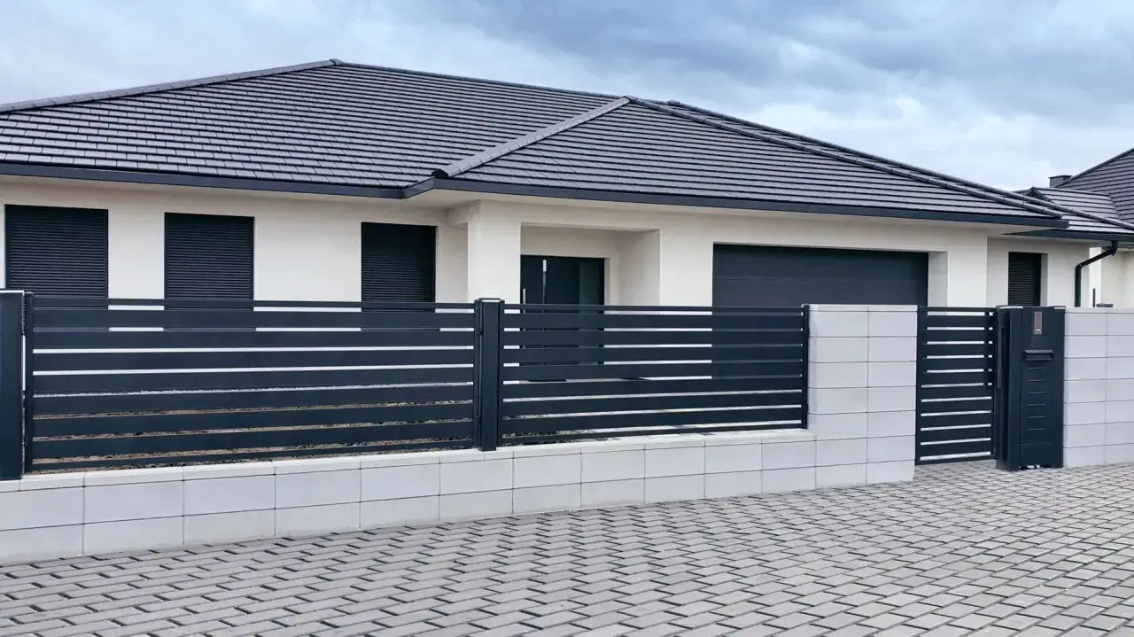 Nowoczesny dom z ciemnym dachem i betonowym cokołem. Ciekawie prezentuje się czarne, poziome ogrodzenie z białymi akcentami.