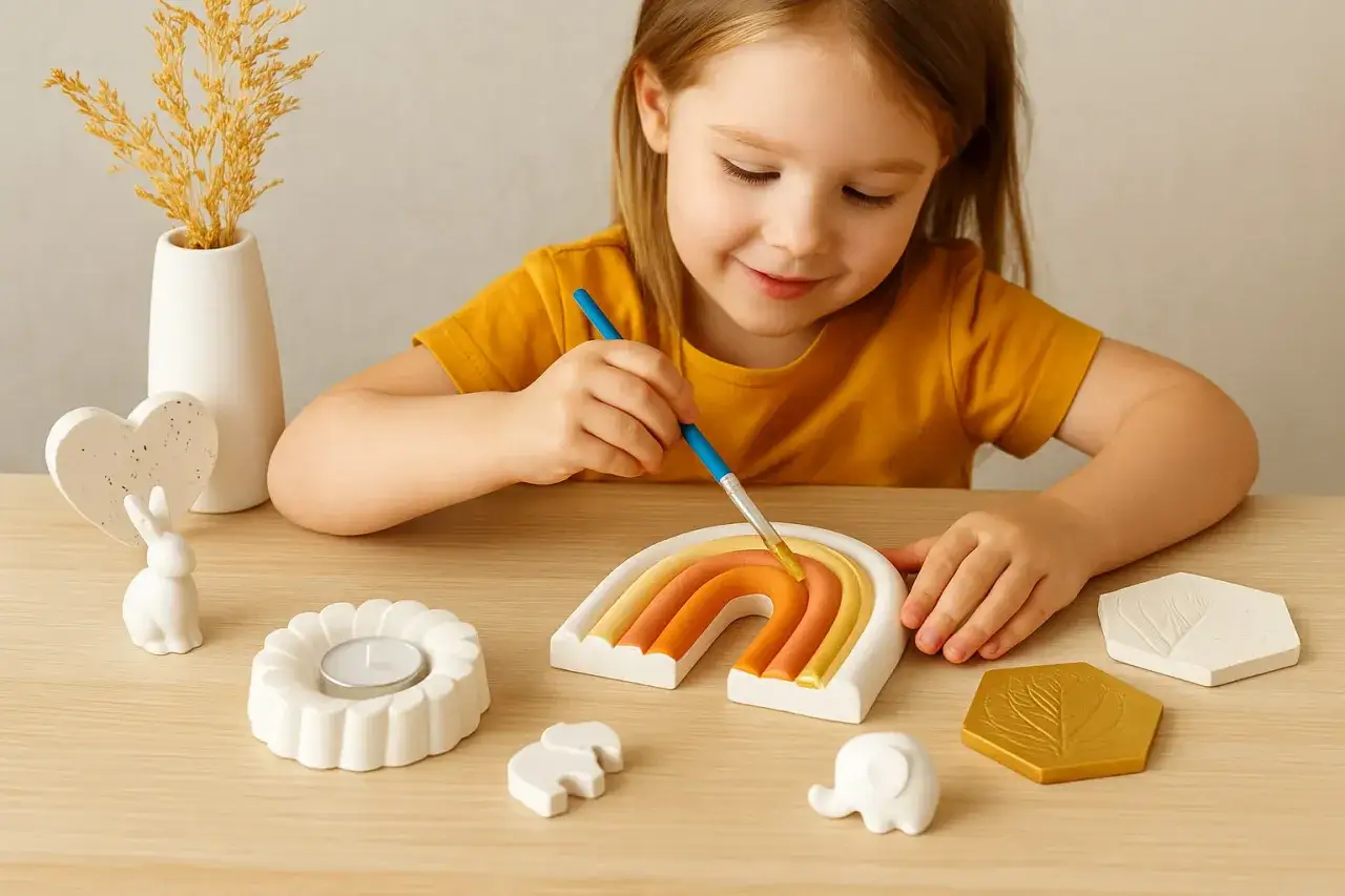 Mała dziewczynka maluje tęczę z gipsu polimerowego. Czy gips polimerowy jest szkodliwy? Nie, jest bezpieczny dla dzieci.