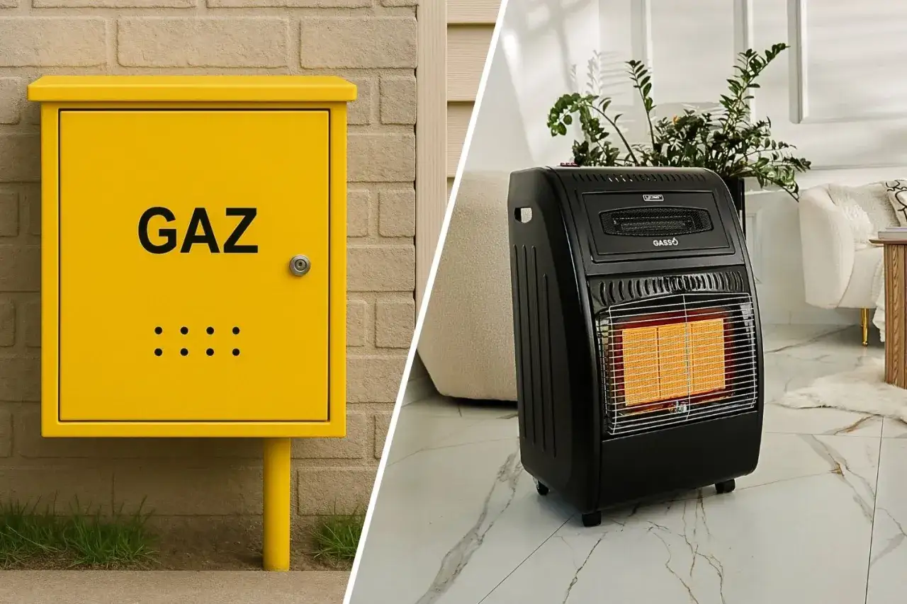 Ż&oacute;łta skrzynka gazowa i czarny piecyk gazowy, zapewniający ogrzewanie w domu.