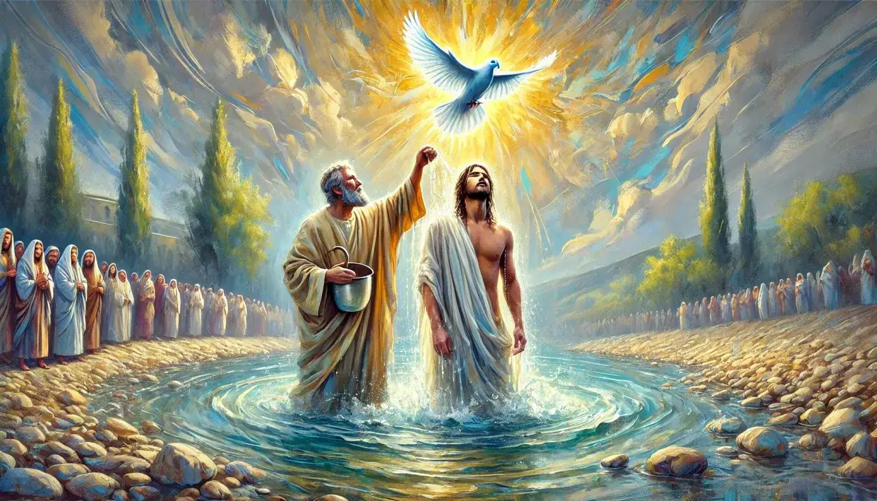 Chrzest Jezusa, gdy Duch Święty zstępuje w postaci gołębicy. Scena ta przypomina o grzechach przeciwko Duchowi Świętemu, których nie można odpuścić.