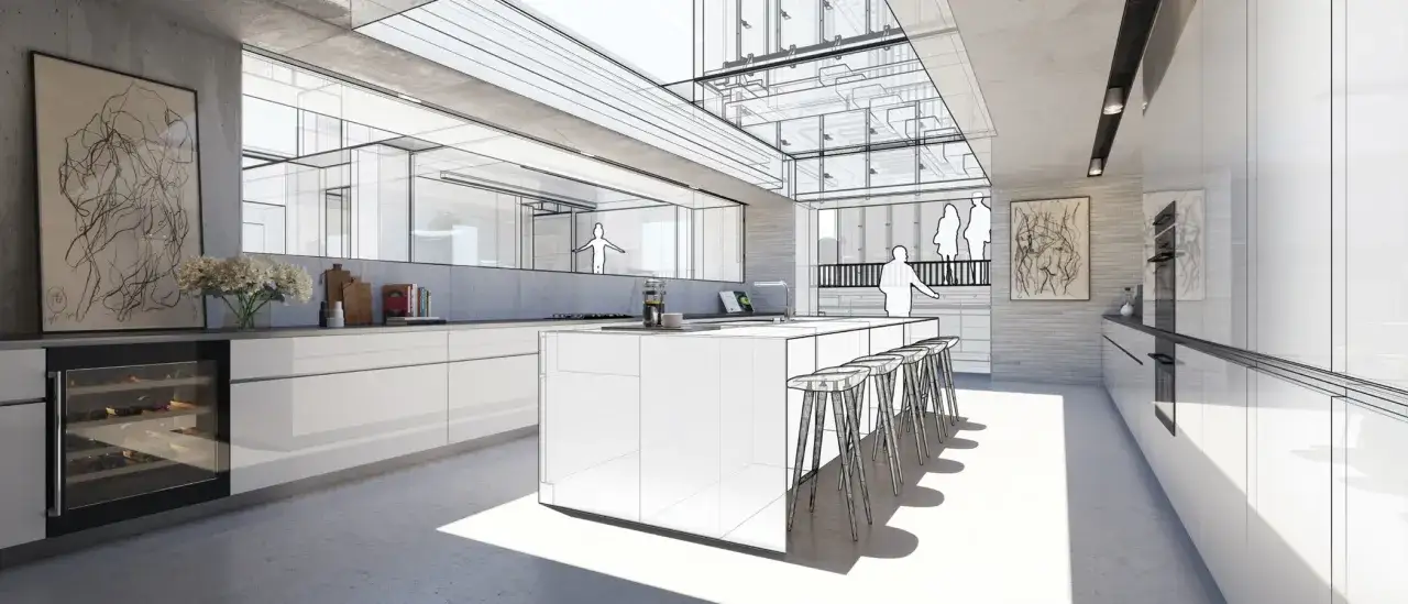 Nowoczesna kuchnia z wyspą i barem, w kt&oacute;rej widać szkice architektoniczne. To program do wizualizacji domu, kt&oacute;ry pozwala zobaczyć projekt w 3D.