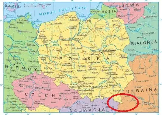 Mapa Polski z zaznaczonymi Bieszczadami