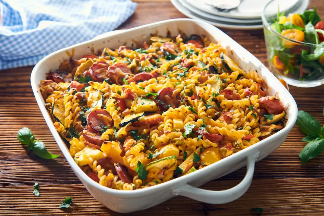 Składniki na zapiekankę makaronową z kiełbasą