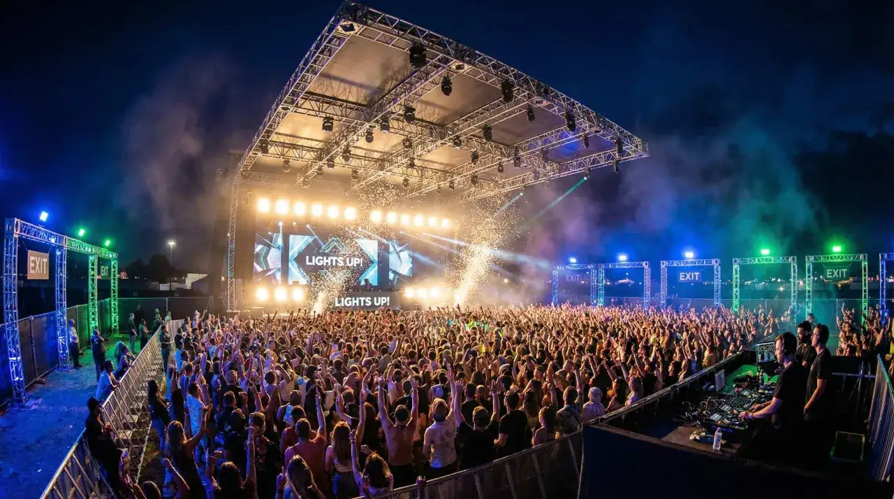 Tłum szaleje na koncercie, gdzie światła i konfetti tworzą atmosferę jednej z największych imprez techno na świecie.