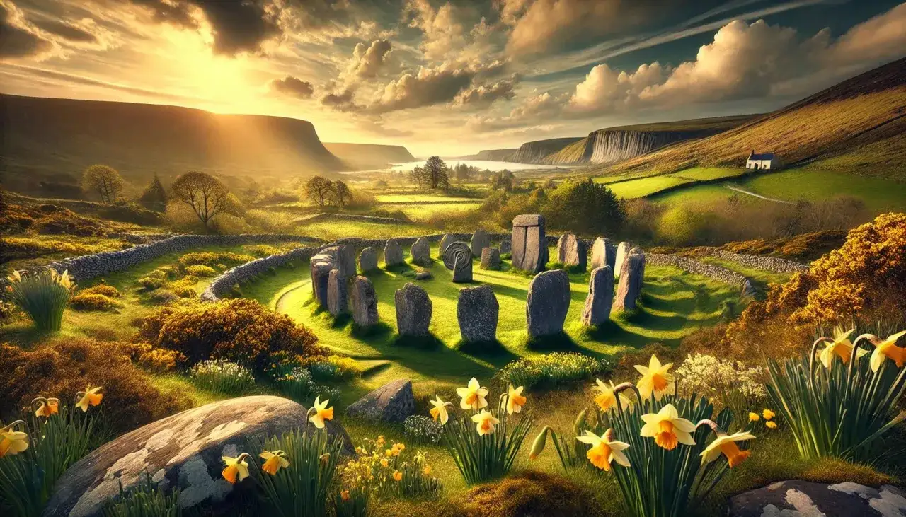 Kamienny krąg na tle wiosennej doliny, pełnej żonkili i zieleni. Ciekawe ciekawostki o wiośnie mogą dotyczyć tego, jak natura budzi się do życia.