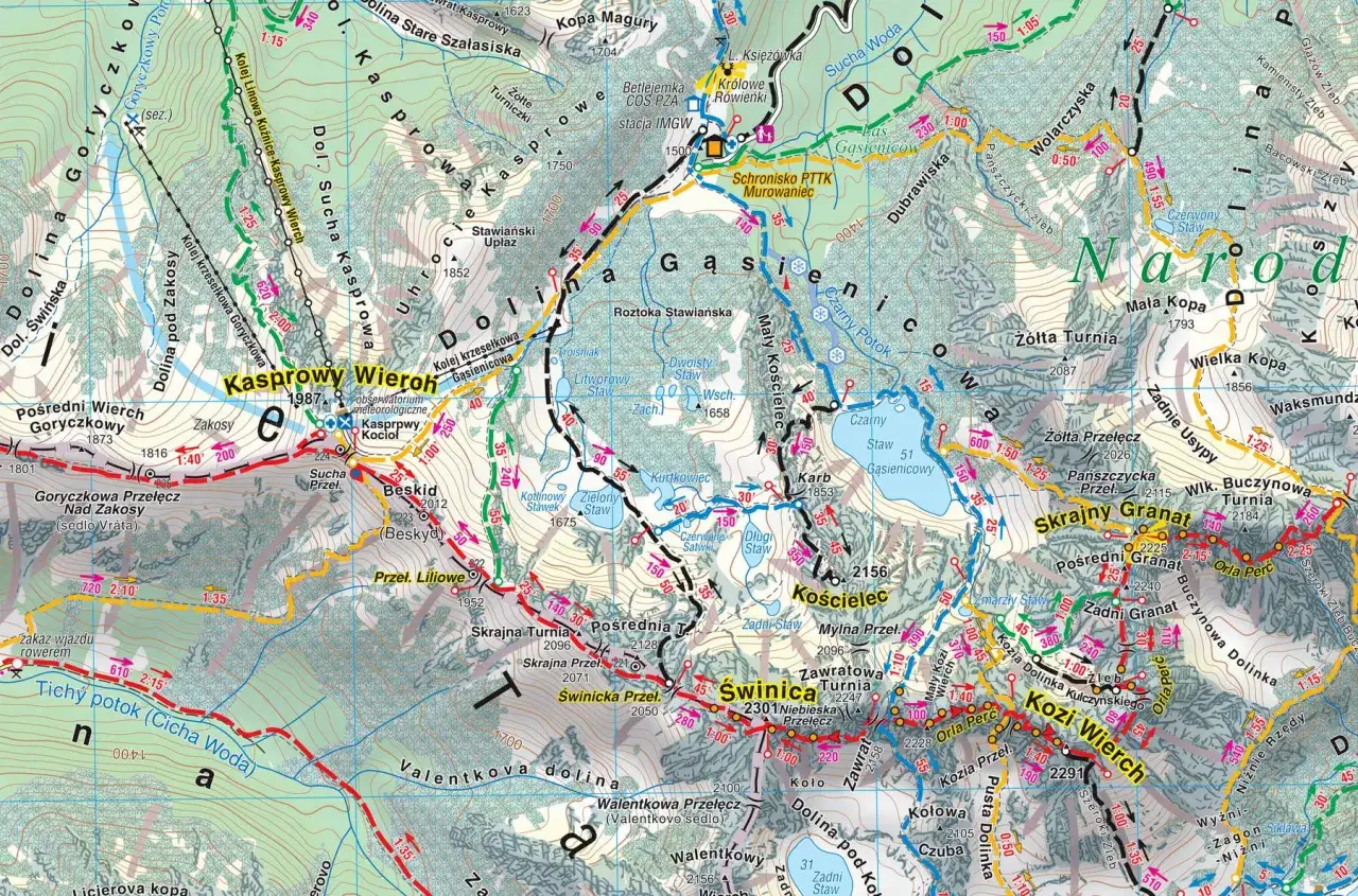 Mapa Tatr Wysokich, gdzie najlepiej w g&oacute;ry? Zaznaczone szlaki, kolejki na Kasprowy Wierch, schroniska i szczyty jak Kozi Wierch.