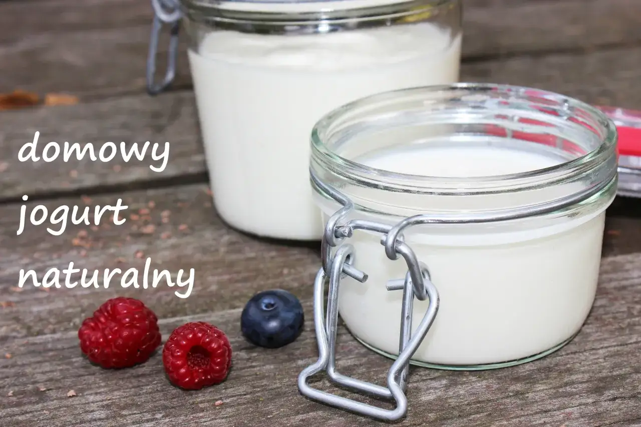 Domowy jogurt naturalny z wegańskimi kulturami bakterii jogurtowych. Słoiki z jogurtem, maliny i bor&oacute;wka na drewnianym tle.
