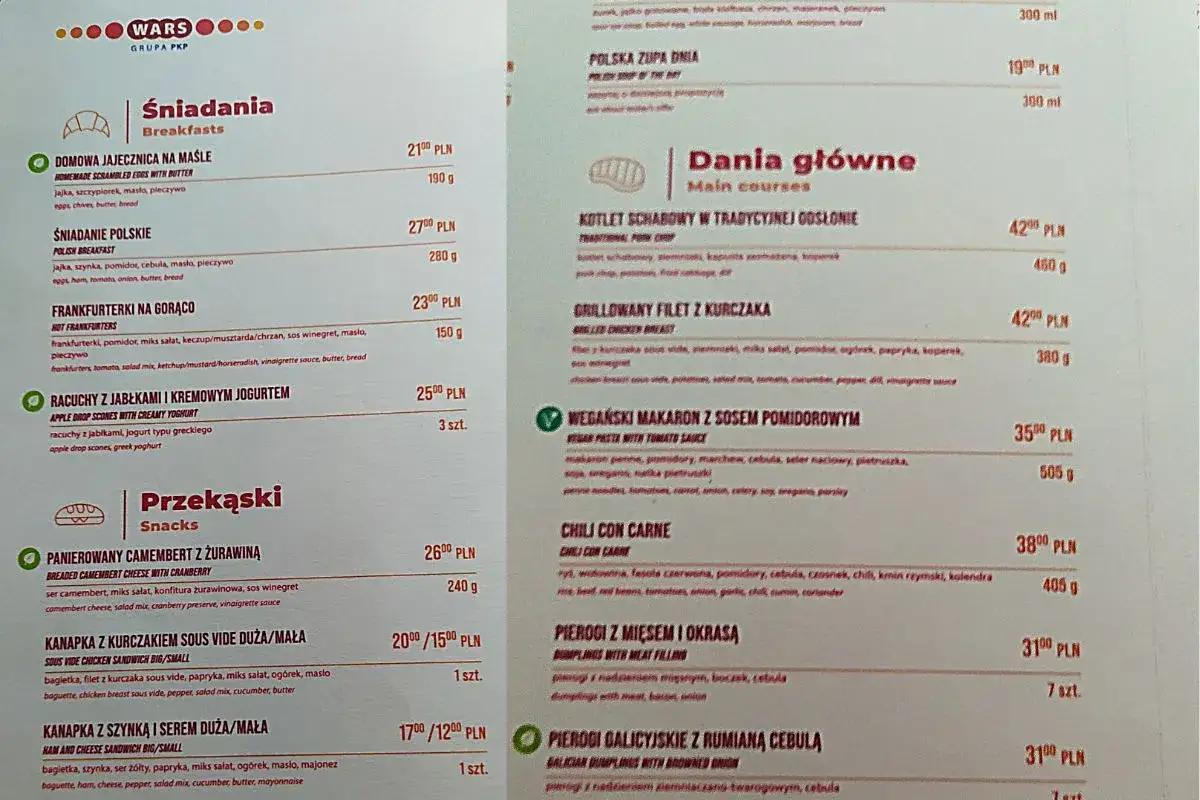 Przykładowe dania z menu WARS Pendolino