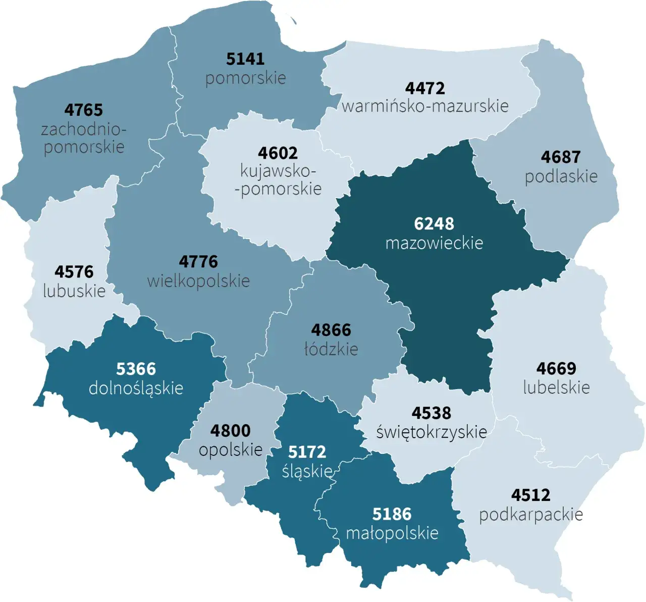 Mapa Polski zarobki wojew&oacute;dztwa pracownik fizyczny