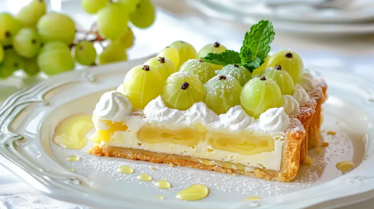 Zdjęcie Ciasto z agrestem i bezą: Kwaskowata słodycz na talerzu. Orzeźwia!