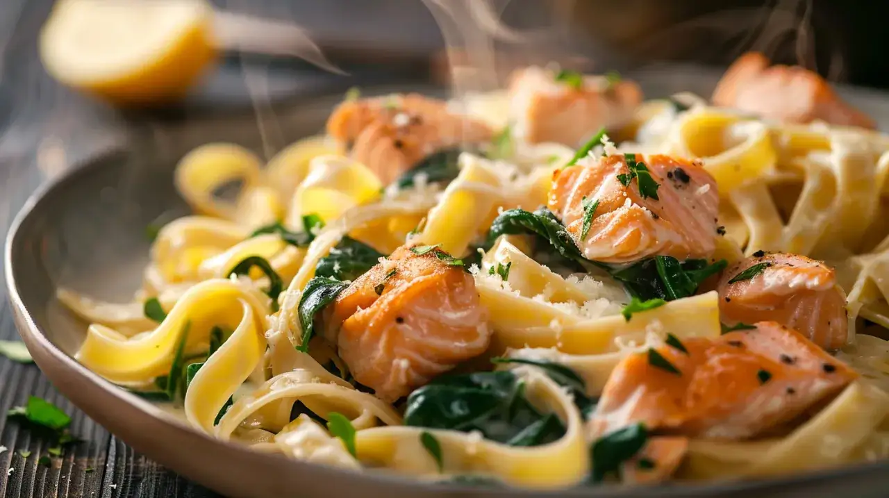 Zdjęcie Wykwintny makaron z łososiem i szpinakiem: jak go zrobić? Krok po kroku