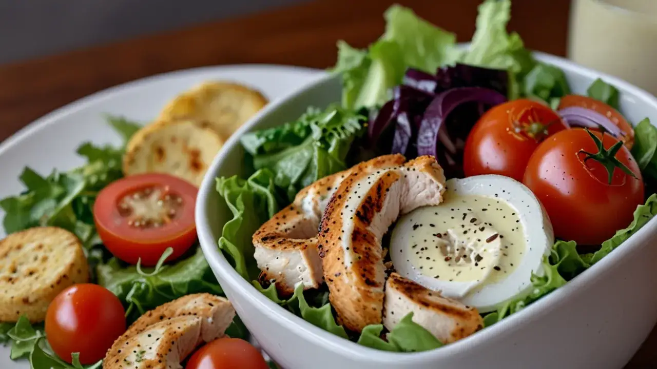 Zdjęcie Mix sałat z kurczakiem i sosem czosnkowym: Pyszna sałatka na obiad