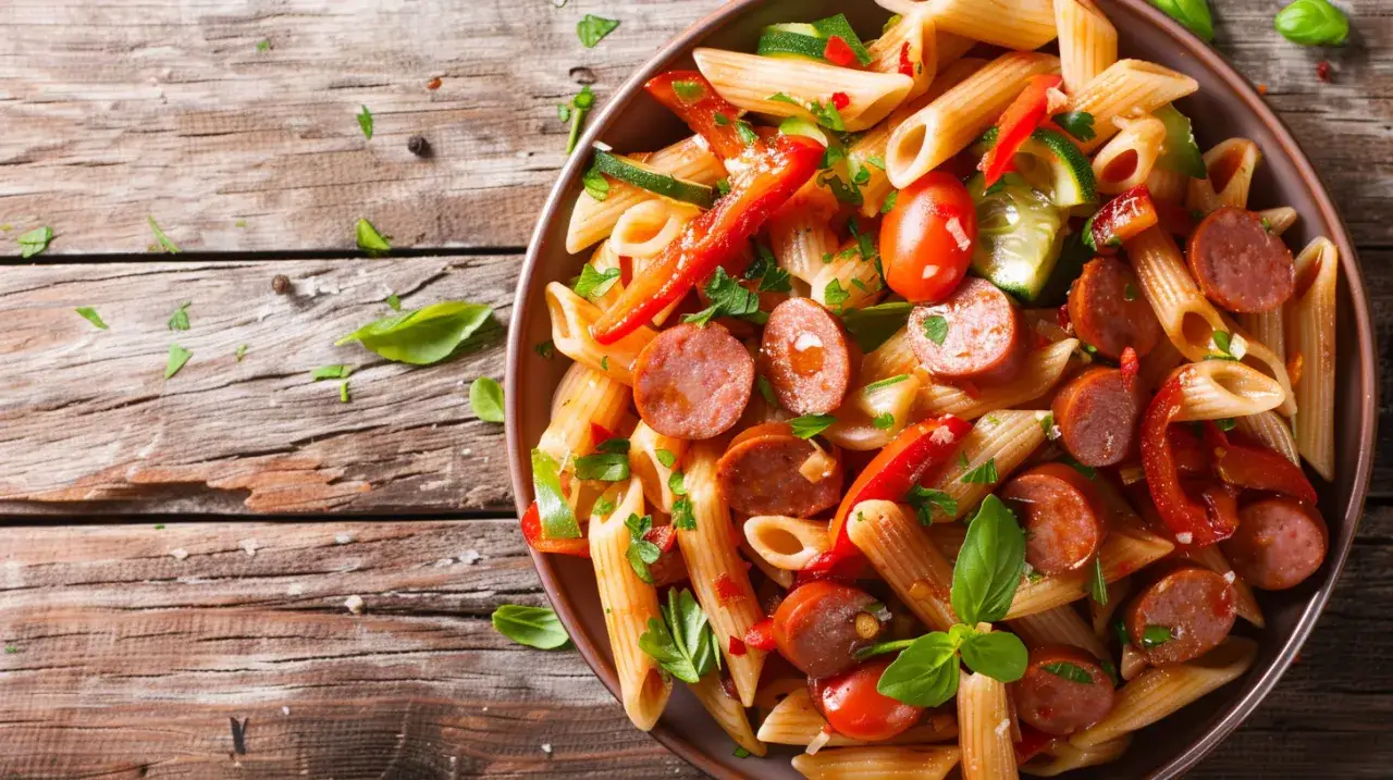 Zdjęcie Sałatka z makaronem, kabanosem i warzywami na lato - przepis
