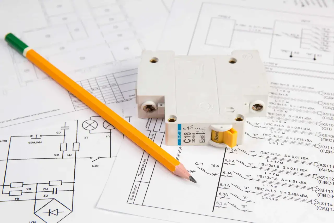 Protokół odbioru instalacji elektrycznej z wyłącznikiem i ołówkiem na schemacie.