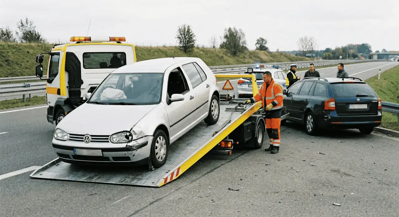 Awaria prywatnego auta w delegacji. Na autostradzie holownik zabiera uszkodzonego VW, obok stoi policja i inni kierowcy. Kto płaci za holowanie i naprawę?