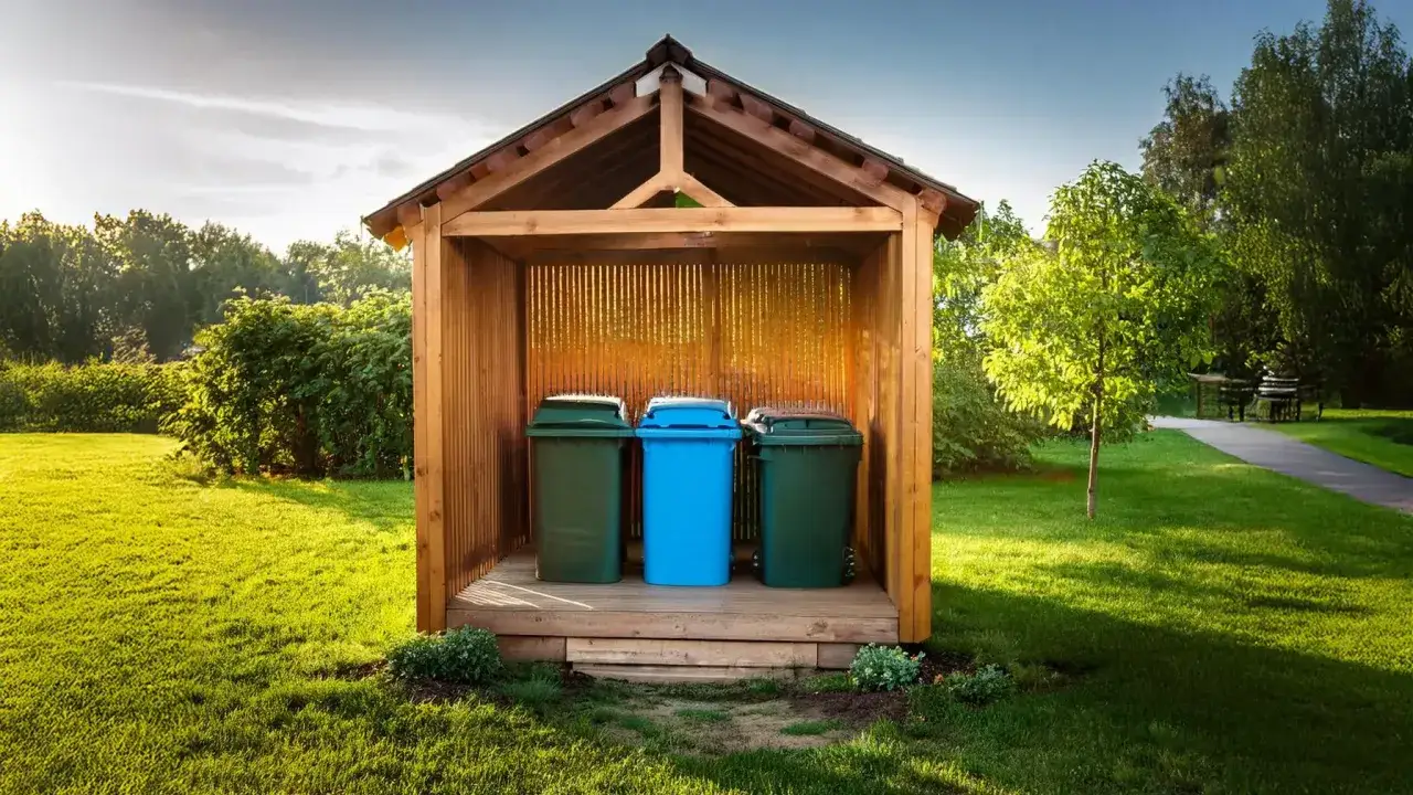 Drewniana wiata śmietnikowa przy domu z trzema koszami na śmieci, otoczona zielonym ogrodem i drzewami.