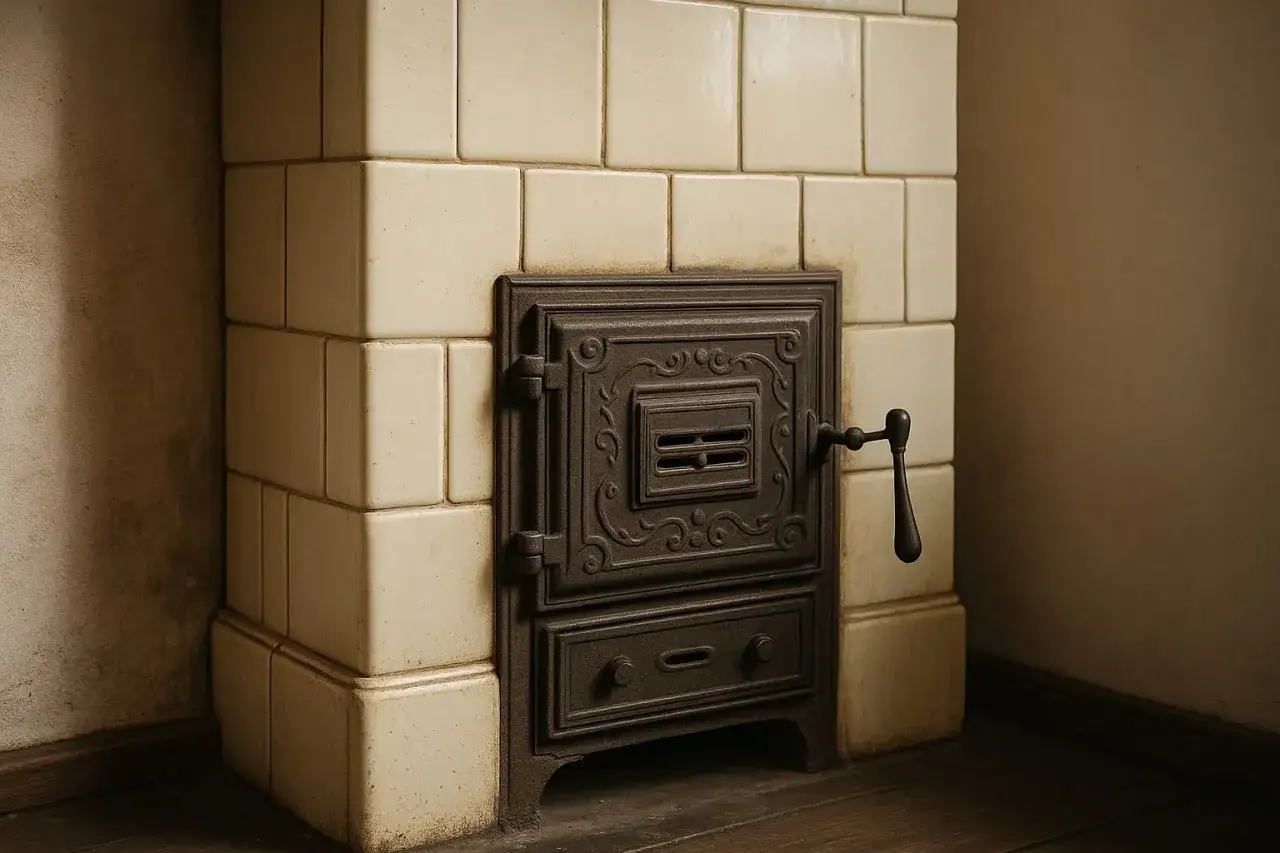 Stary piec kaflowy z ozdobnymi drzwiczkami. Pytanie "do kiedy można palić w piecach kaflowych" jest aktualne.