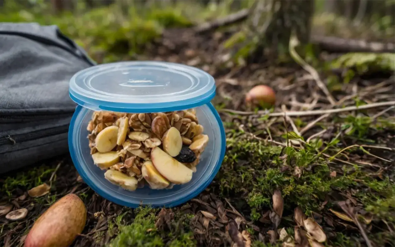 Idealne co do jedzenia w góry: musli z bananem i jabłkiem w pojemniku, obok plecak i jabłka na leśnym poszyciu.