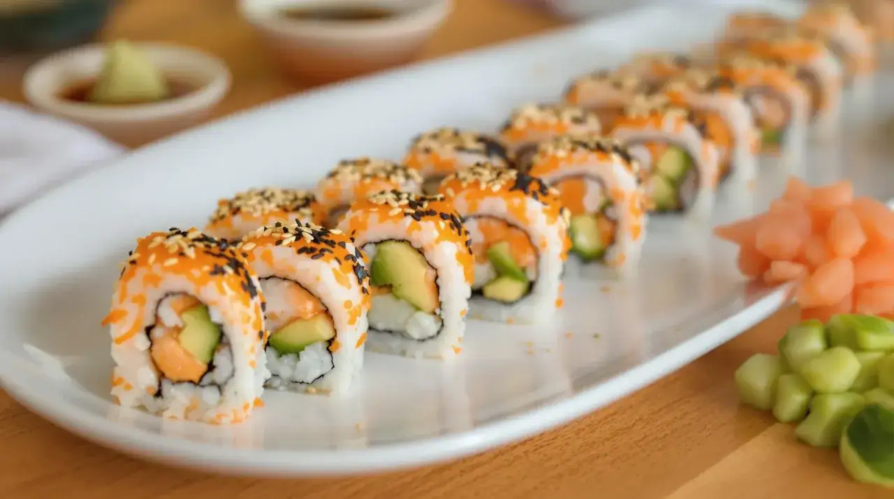 Rząd roladek sushi california roll, posypanych sezamem i ikrą, z awokado i łososiem w środku. Obok imbir marynowany i ogórek.