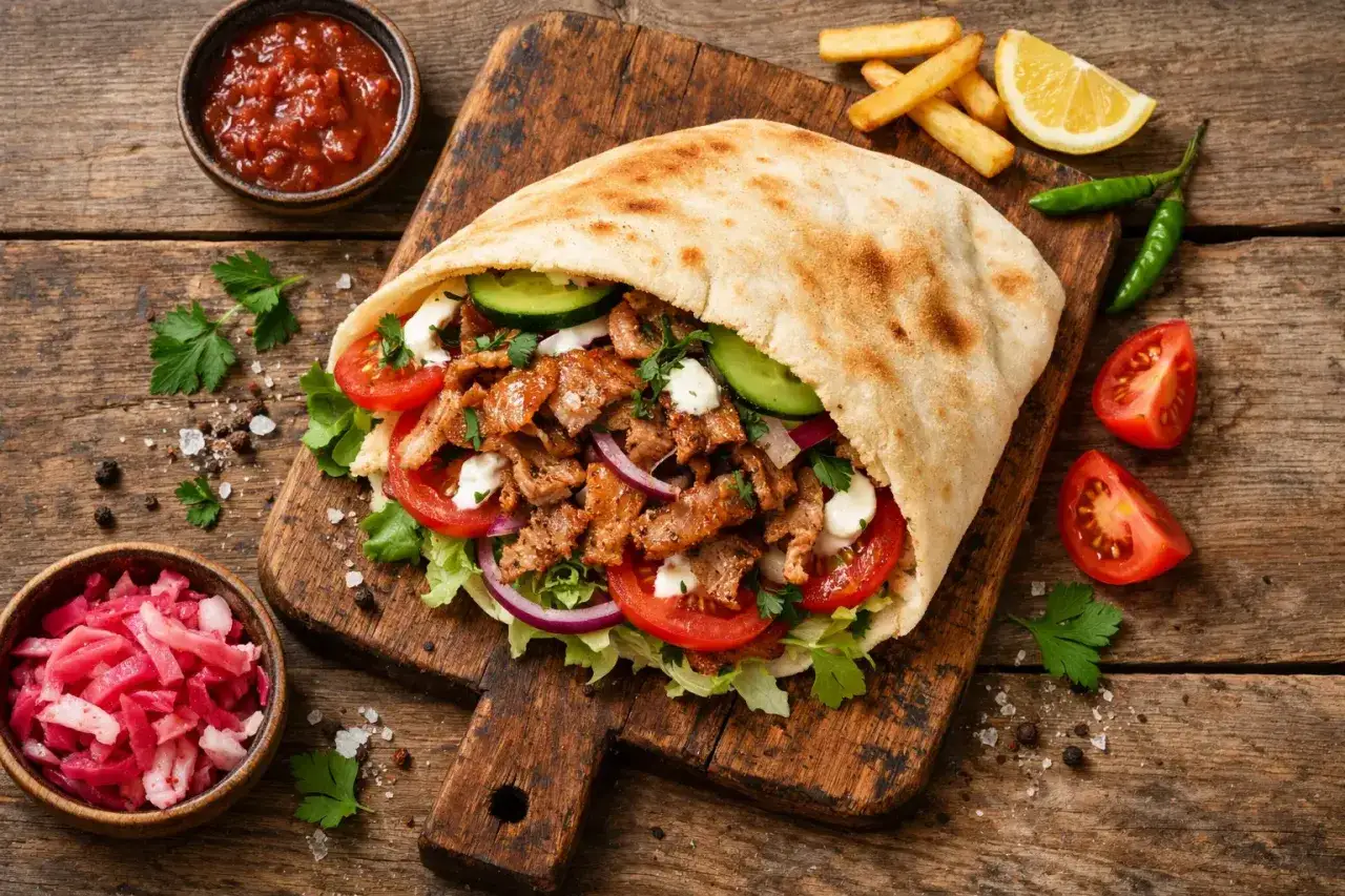 Kebab w bułce z warzywami, frytkami i sosami na drewnianej desce.