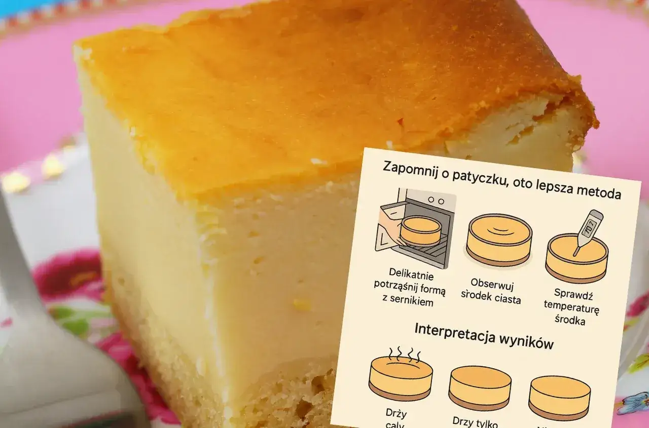 Pyszny sernik na talerzyku, obok instrukcja jak sprawdzić, ile wazy sernik i czy jest gotowy.