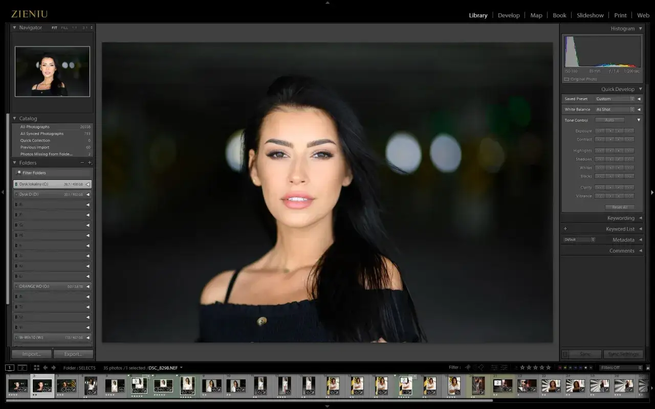 Portret kobiety w programie Lightroom, idealny do nauki kurs lightroom. Widoczne panele edycji i miniaturki zdjęć.