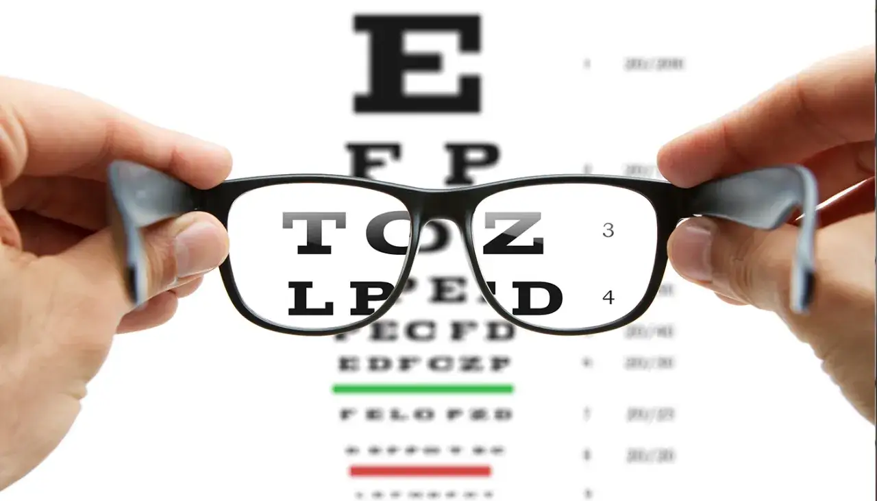 Okulary przesłaniające tablicę Snellena. Litery są rozmazane, co może sugerować za mocne okulary objawy.