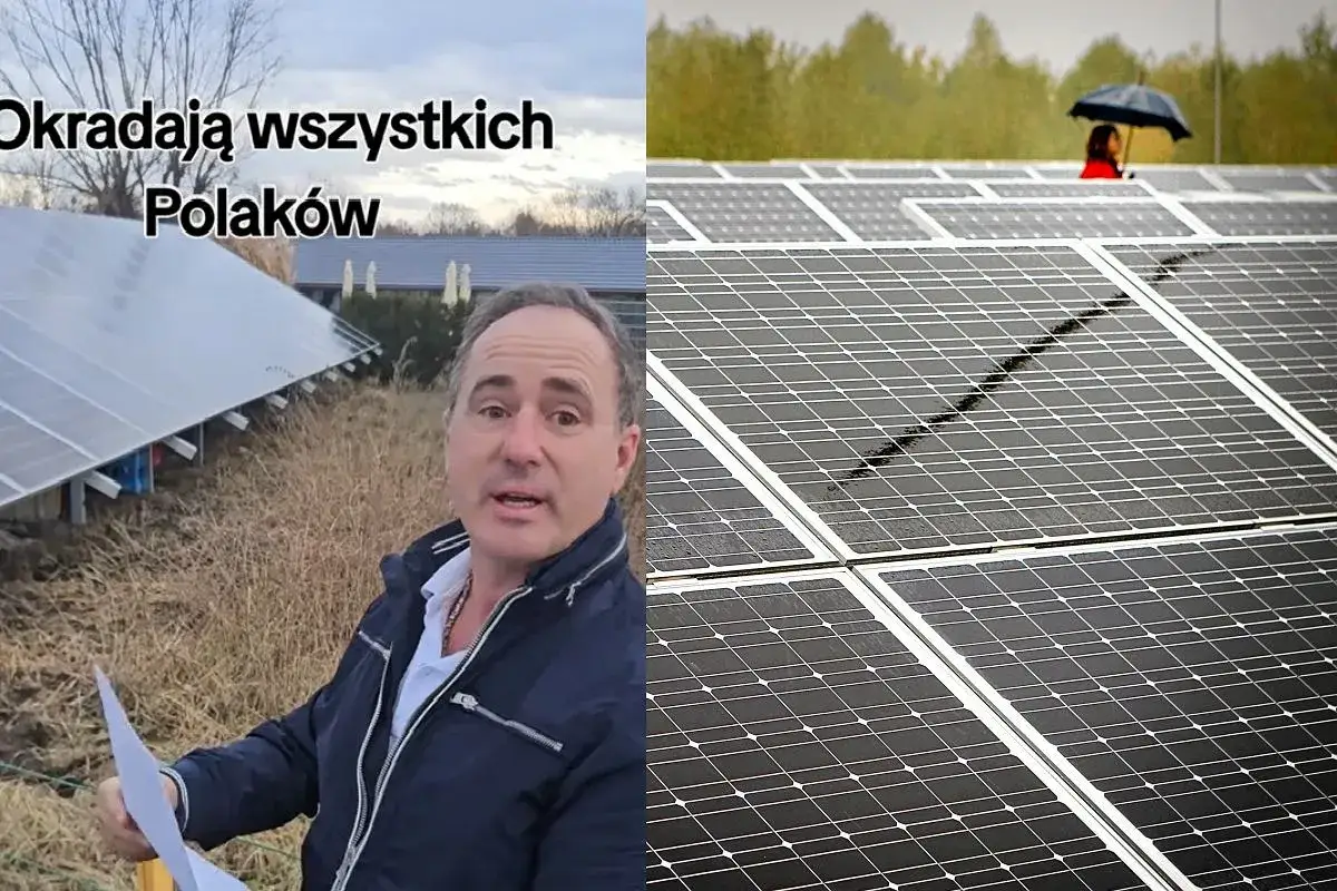 Mężczyzna przy panelach słonecznych, sugerujący, że "Tauron mój prąd" okrada Polaków. W tle widać kolejne panele i osobę z parasolem.