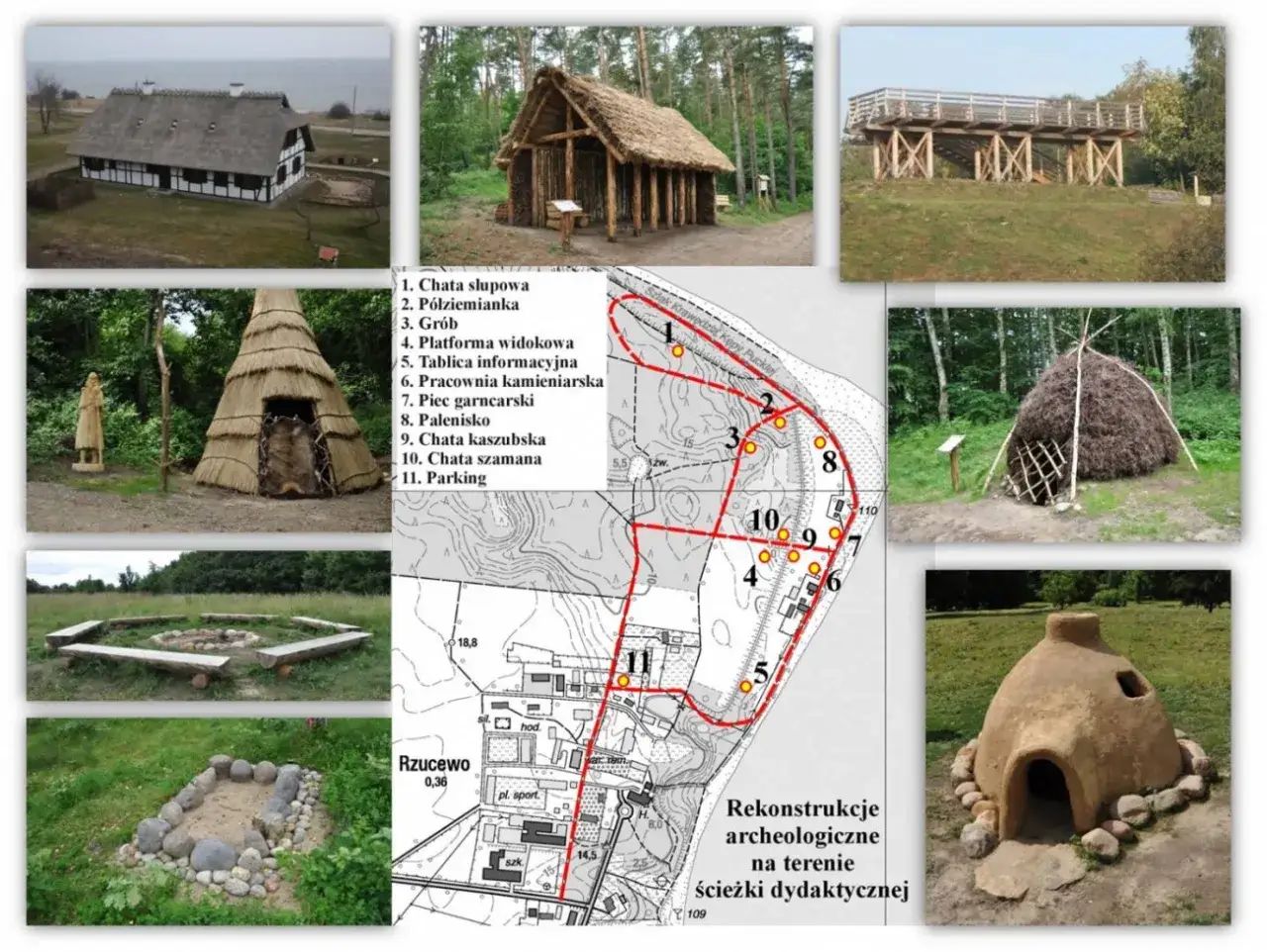 Park kulturowy Osada Łowców Fok w Rzucewie: rekonstrukcje chat, grobu, paleniska, pieca garncarskiego i platformy widokowej.