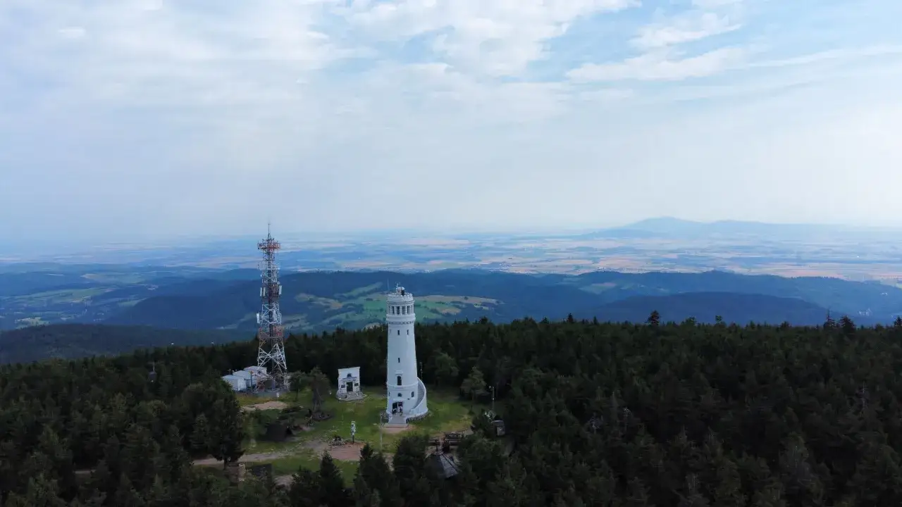 Widok z góry na wieżę widokową i maszt telekomunikacyjny pośród lasu. Którym szlakiem dotarła tu wielka sowa?