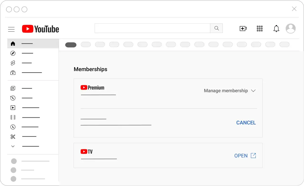 Ekran YouTube z sekcją "Memberships" pokazującą opcję anulowania YouTube Premium.