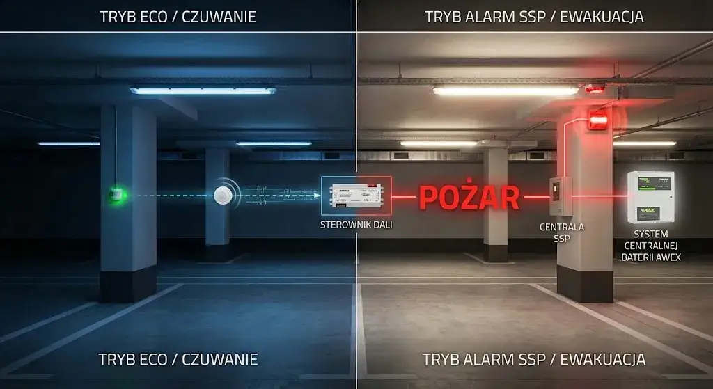 Garaże podziemne pod specjalnym nadzorem - optymalizacja oświetlenia podstawowego a wymogi systemów SSP