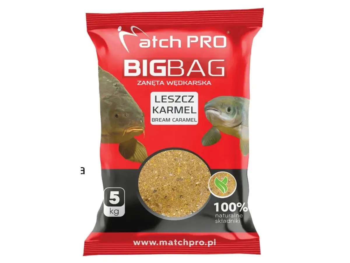 Opakowanie zanęt wędkarskich 5kg Match PRO BIGBAG o smaku karmelowym, z wizerunkiem karpia i leszcza.