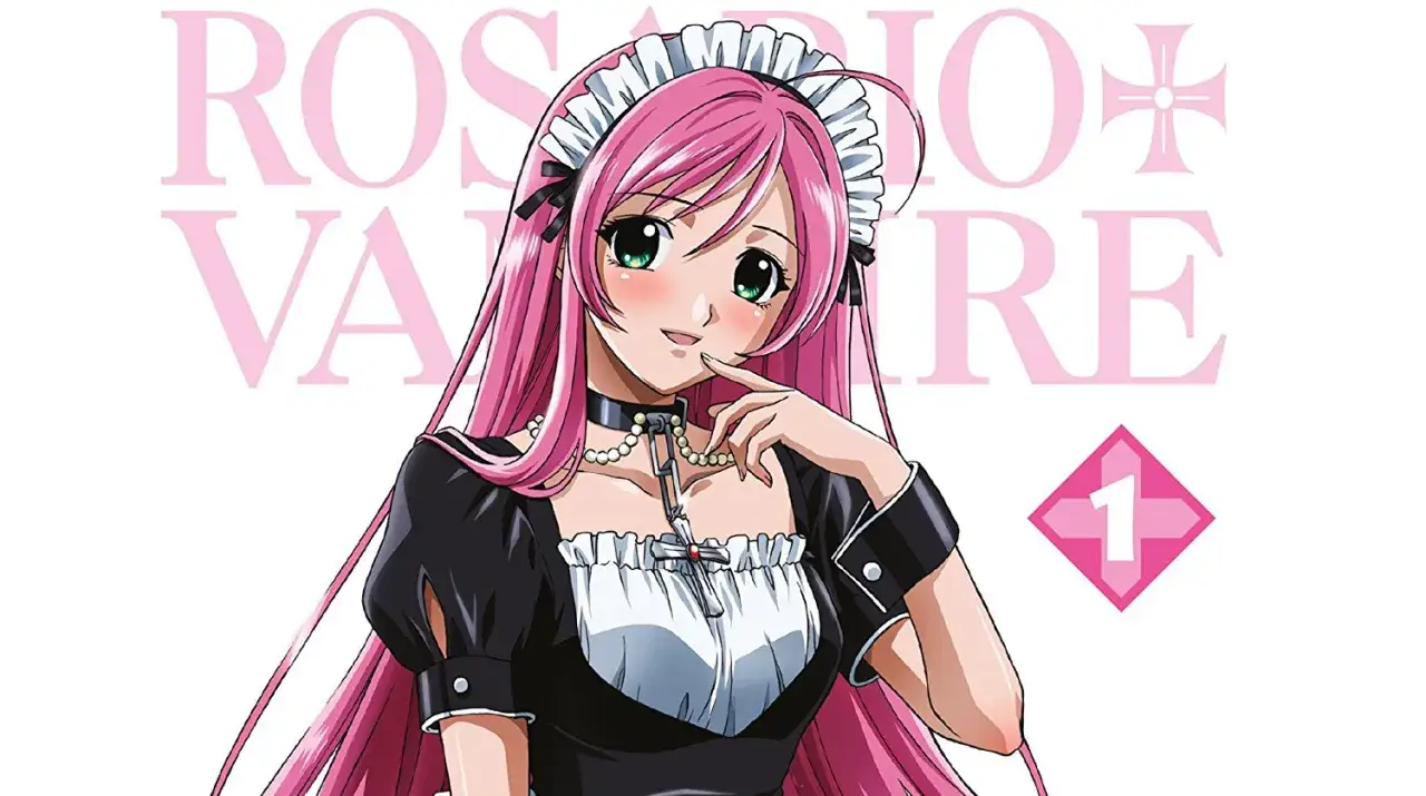 Manga-Charakter mit langen rosa Haaren, in einem Dienstmädchen-Outfit, mit einem Kreuz-Anhänger.