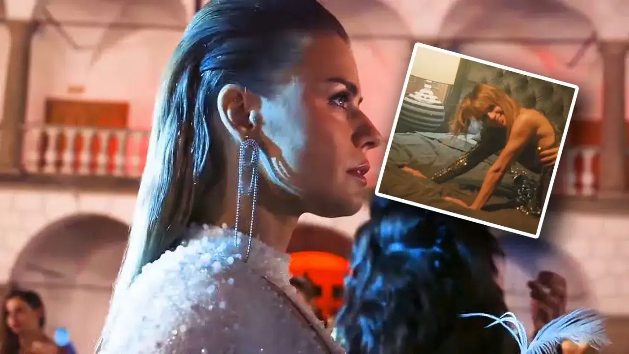 Natasza Urbańska w kadrze z jednego ze swoich filmów, w błyszczącej kreacji. W rogu zdjęcie z innej sceny.