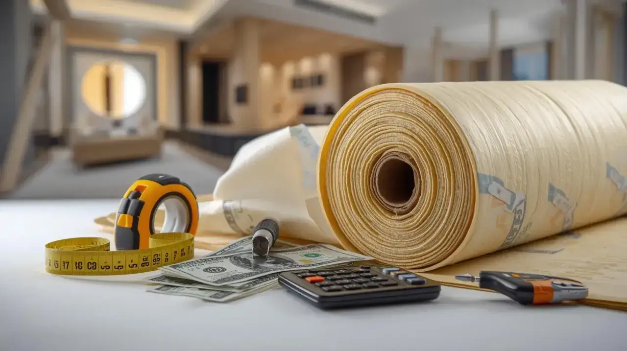 Rolka materiału do ocieplenia domu, miarka, kalkulator i pieniądze. Planowanie budżetu na izolację.