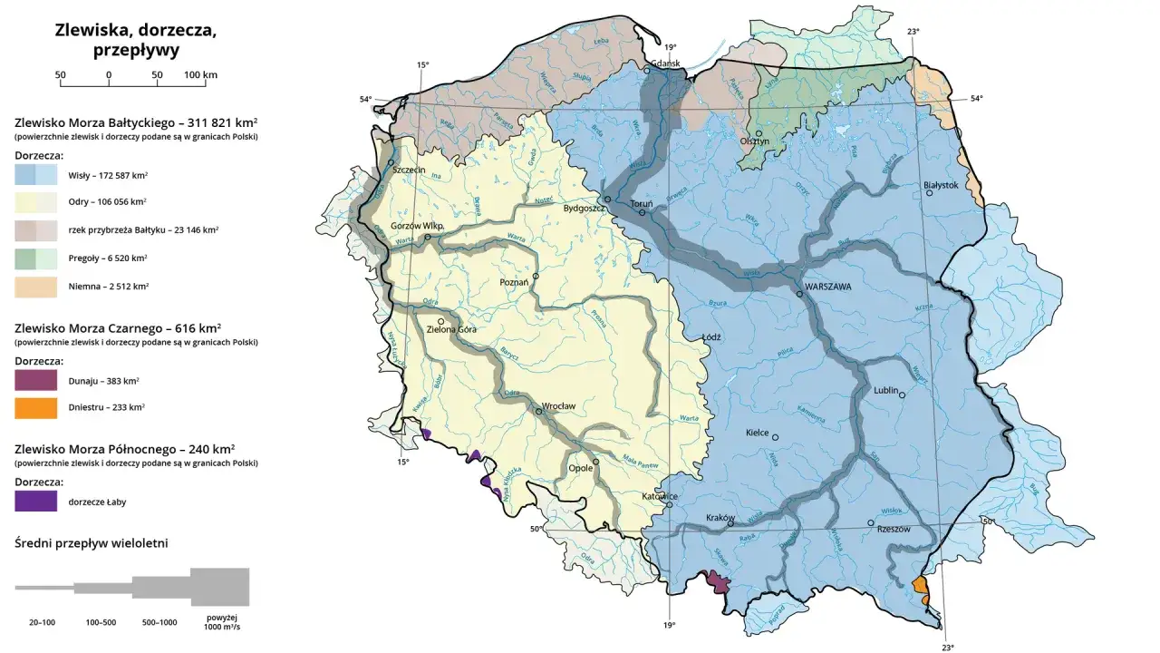 Mapa Polski z zaznaczonymi zlewiskiem Bałtyku, Morza Czarnego i Północnego oraz głównymi rzekami.