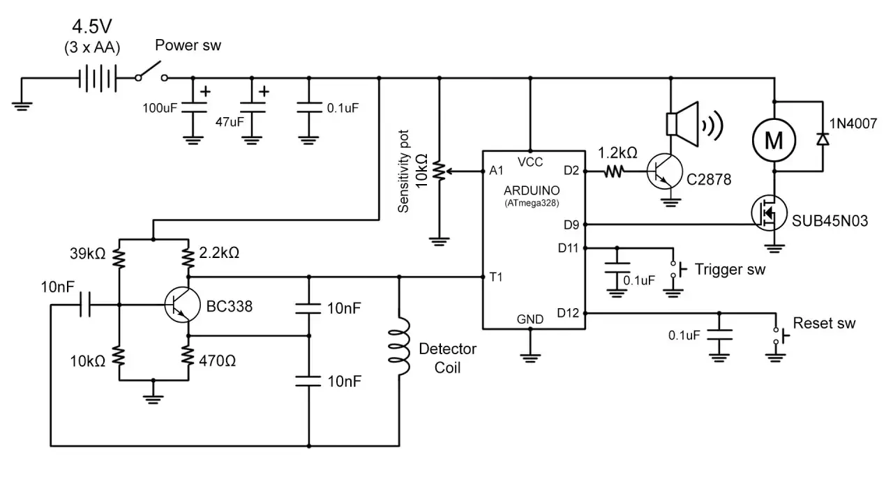 Schemat prostego wykrywacza metali z Arduino, tranzystorem BC338 i cewką detektora.