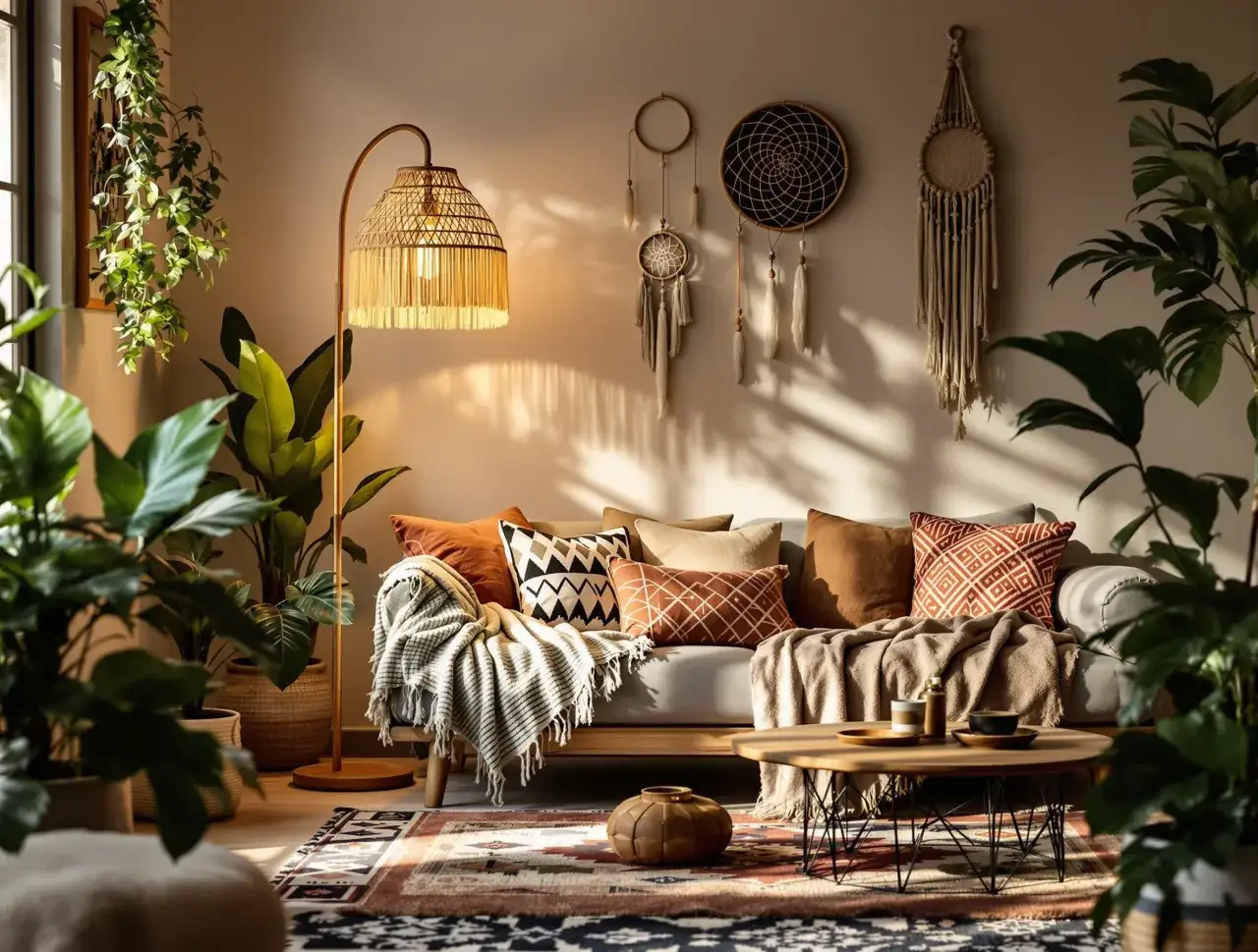 Przytulny salon z sofą, mnóstwem poduszek i kocem. Centralnym punktem jest lampa podłogowa boho z plecionym kloszem, rzucająca ciepłe światło.