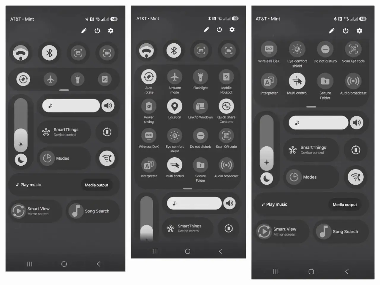 Panel szybkich ustawień z interfejsem One UI 8.5, pokazujący ikony Wi-Fi, Bluetooth, trybu samolotowego, SmartThings i sterowania mediami.
