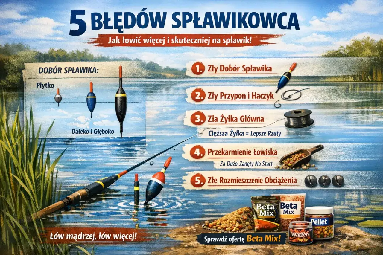 Ilustracja przedstawia sprzęt wędkarski: spławiki, żyłkę, haczyk, obciążenie i zanętę na tle jeziora.