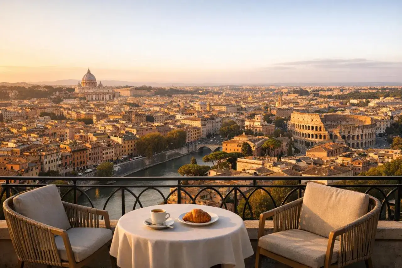 Idealne miejsce, gdzie nocować w Rzymie: taras z widokiem na Koloseum i Watykan, kawa i croissant.