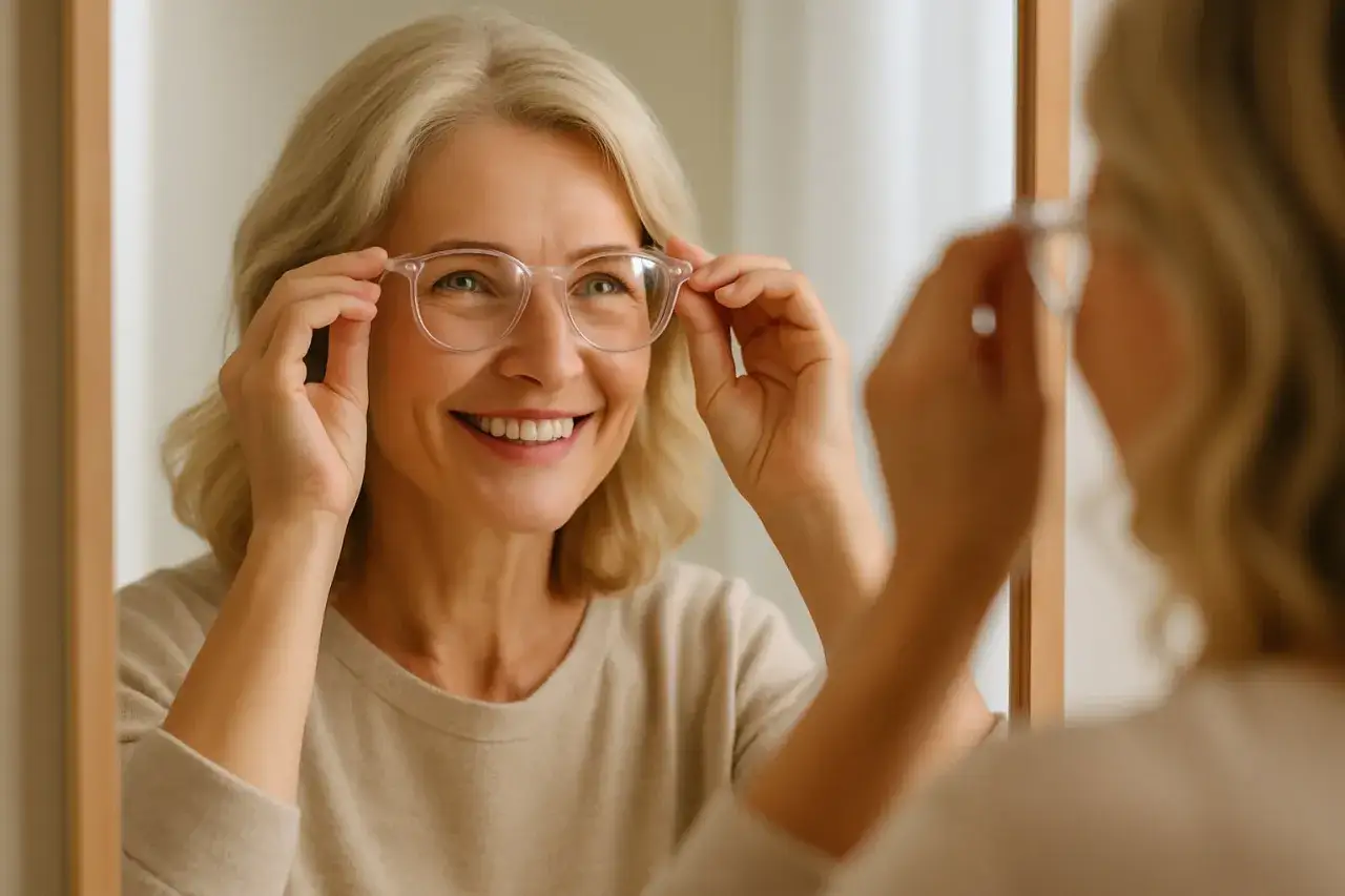 Uśmiechnięta kobieta z blond włosami przymierza okulary przed lustrem. Dobór okularów to ważny krok do lepszego widzenia i stylu.
