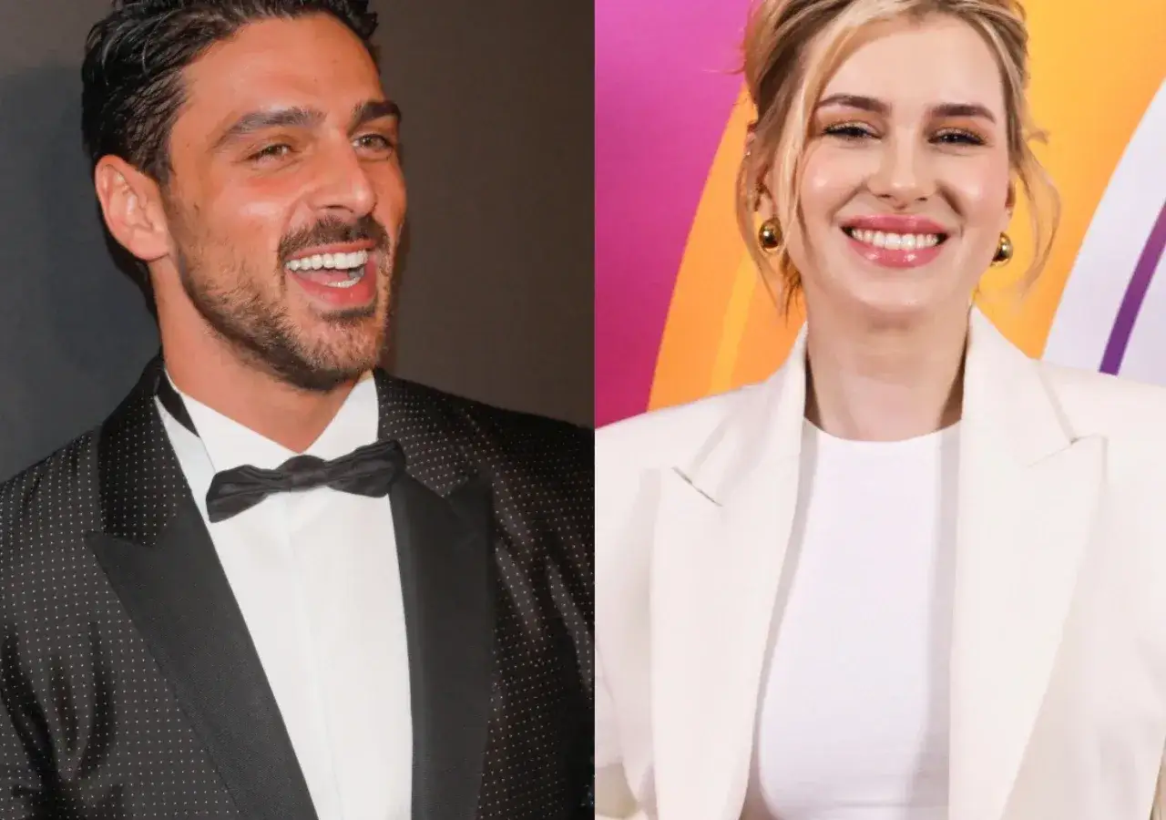 Michele Morrone w garniturze i uśmiechnięta kobieta w białej marynarce. Fani zastanawiają się, czy Michele Morrone ma żonę.