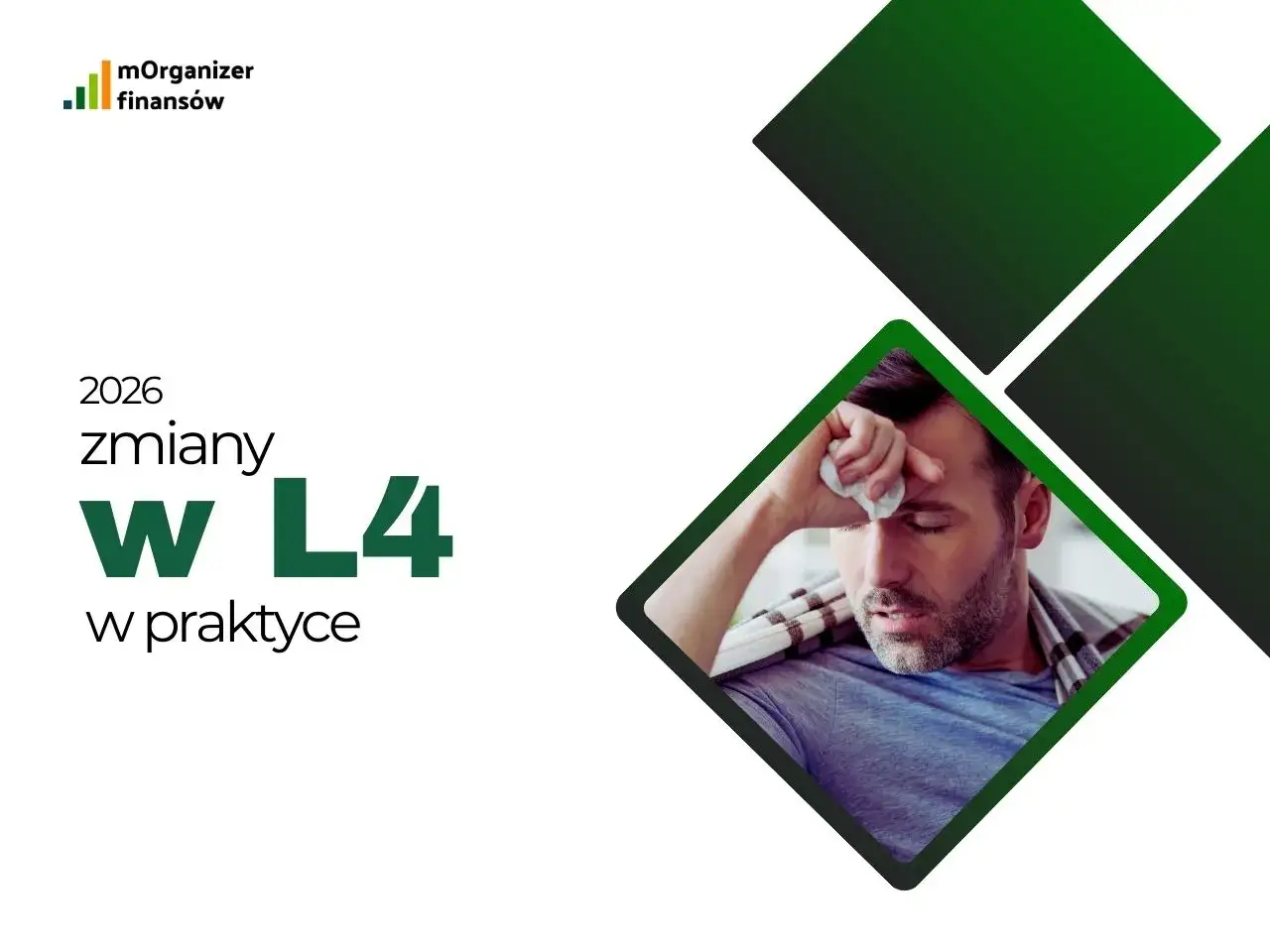 Mężczyzna z gorączką i chusteczką na czole, obok napisu "2026 zmiany w L4".