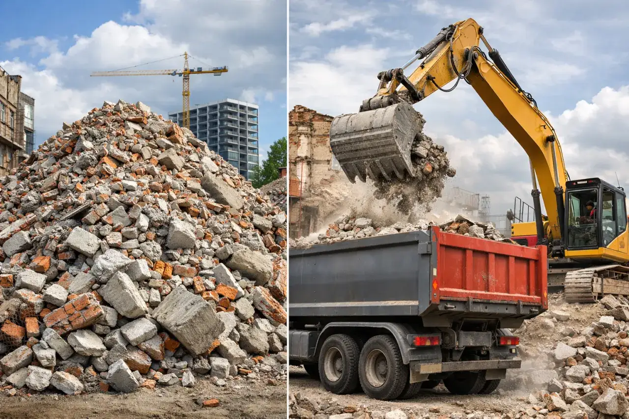 Stos gruzu budowlanego i koparka zasypująca śmieci do wywrotki.