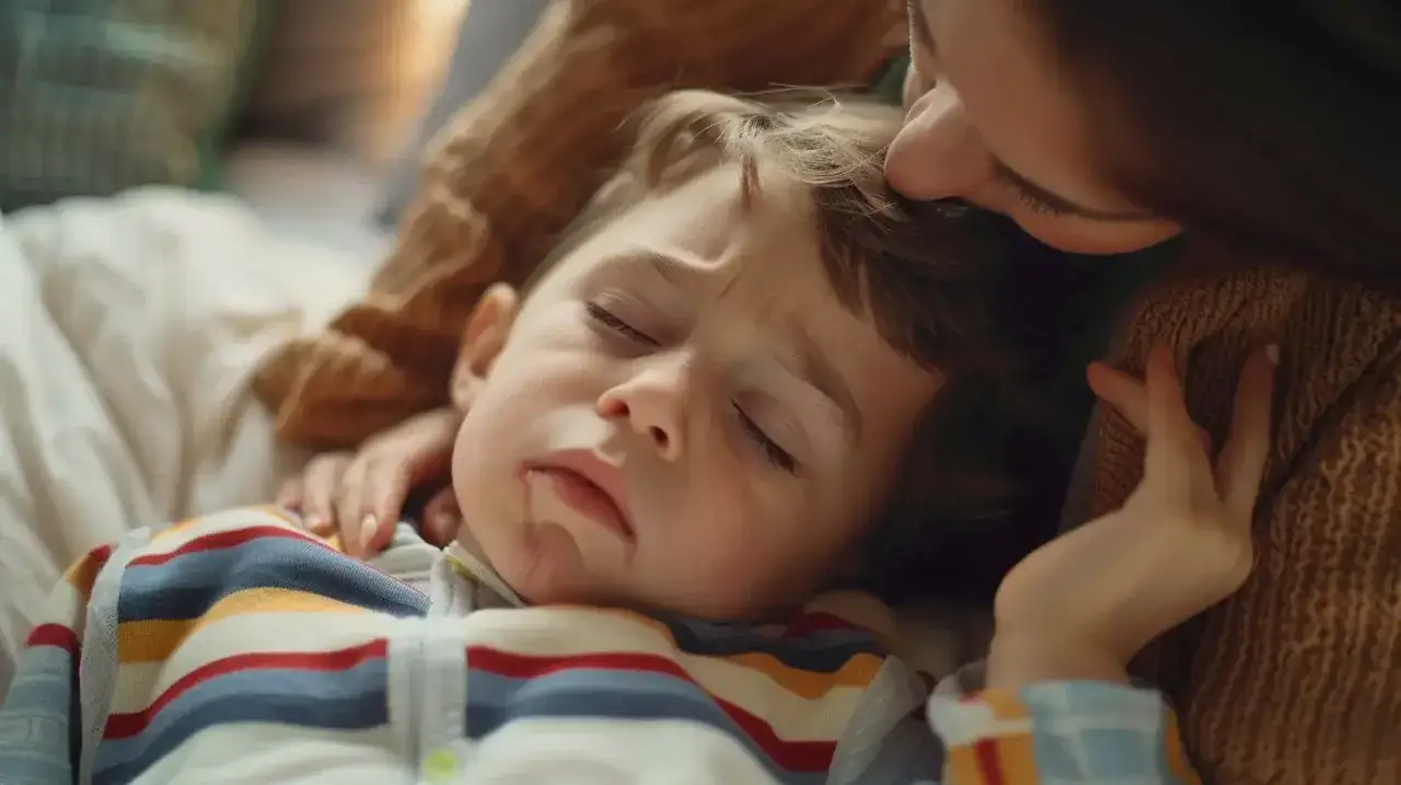 Matka tuli chore dziecko, przykładając mu czoło do czoła.