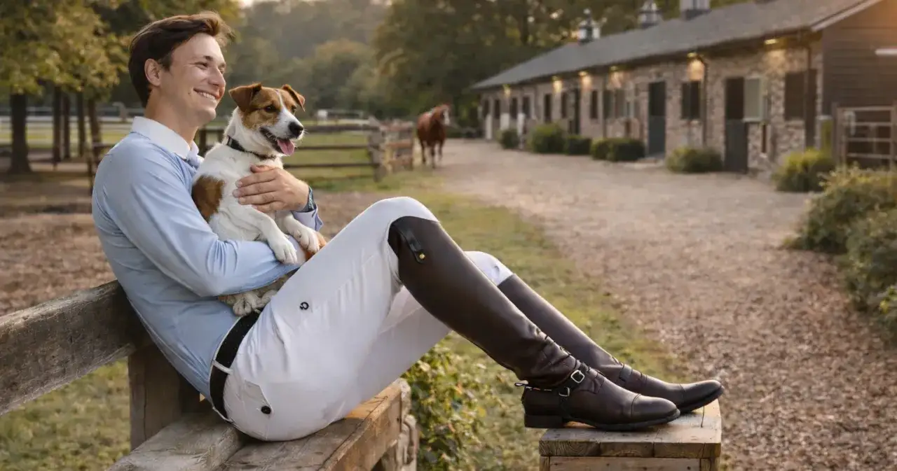 Mężczyzna w jasnej koszuli i białych bryczesach trzyma psa, siedząc na ławce.